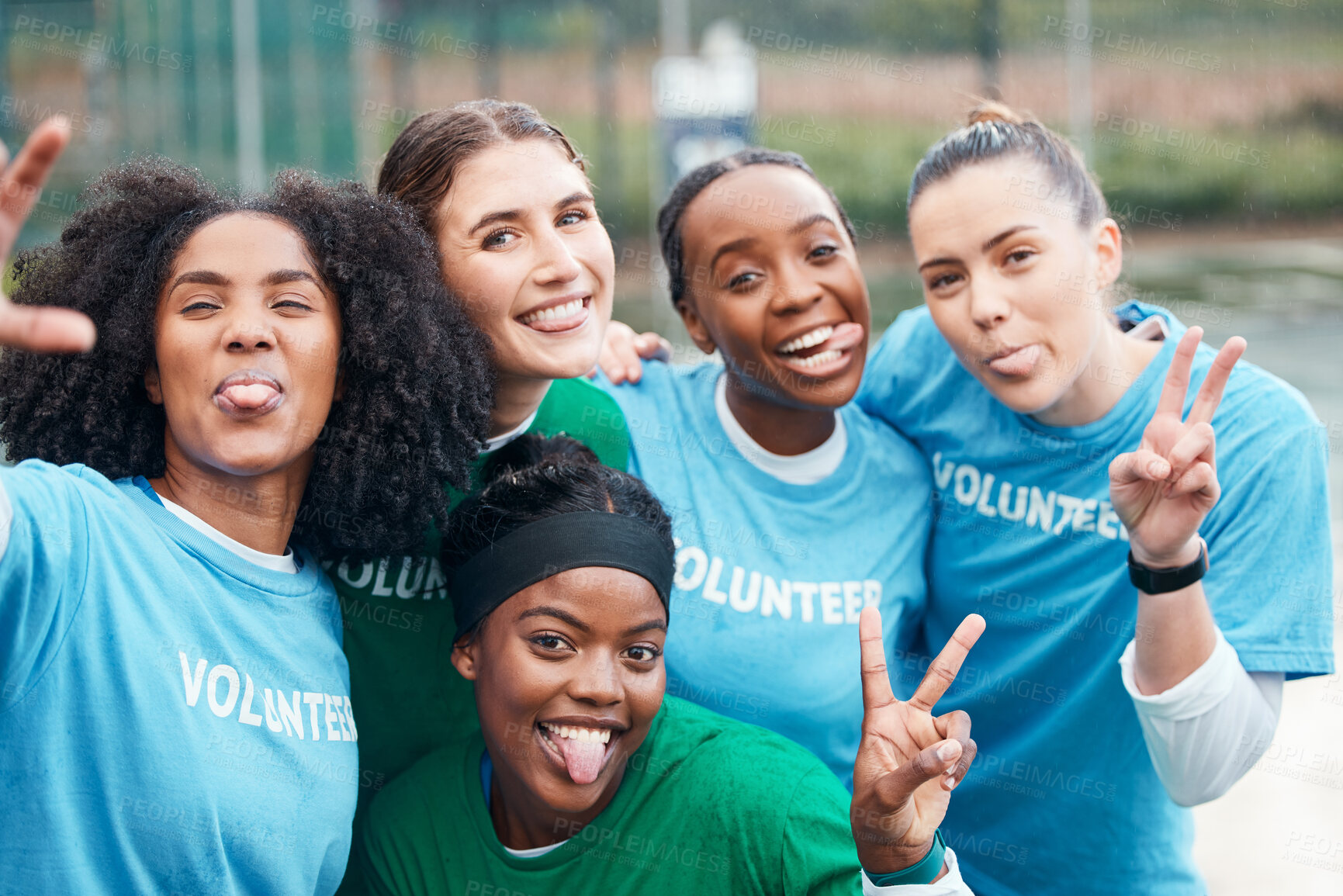 Buy stock photo Volunteer, portrait and woman for charity and community support on netball field with diversity and smile. Happiness, people and teamwork for ngo project, solidarity and mission outdoor in nature