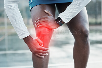 Buy stock photo Person, hands and knee injury in sports accident, training or muscle inflammation from outdoor workout. Closeup of athlete with leg pain, joint ache or arthritis after running, exercise or cardio 