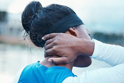 Buy stock photo Black woman, hand and neck pain in sports injury, accident or emergency from outdoor exercise. Closeup of African female person with spine ache, inflammation or tension from workout, training or run