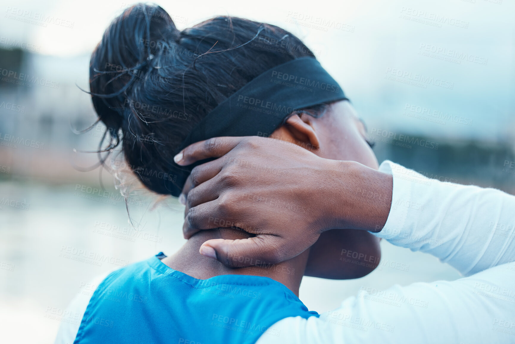 Buy stock photo Black woman, hand and neck pain in sports injury, accident or emergency from outdoor exercise. Closeup of African female person with spine ache, inflammation or tension from workout, training or run