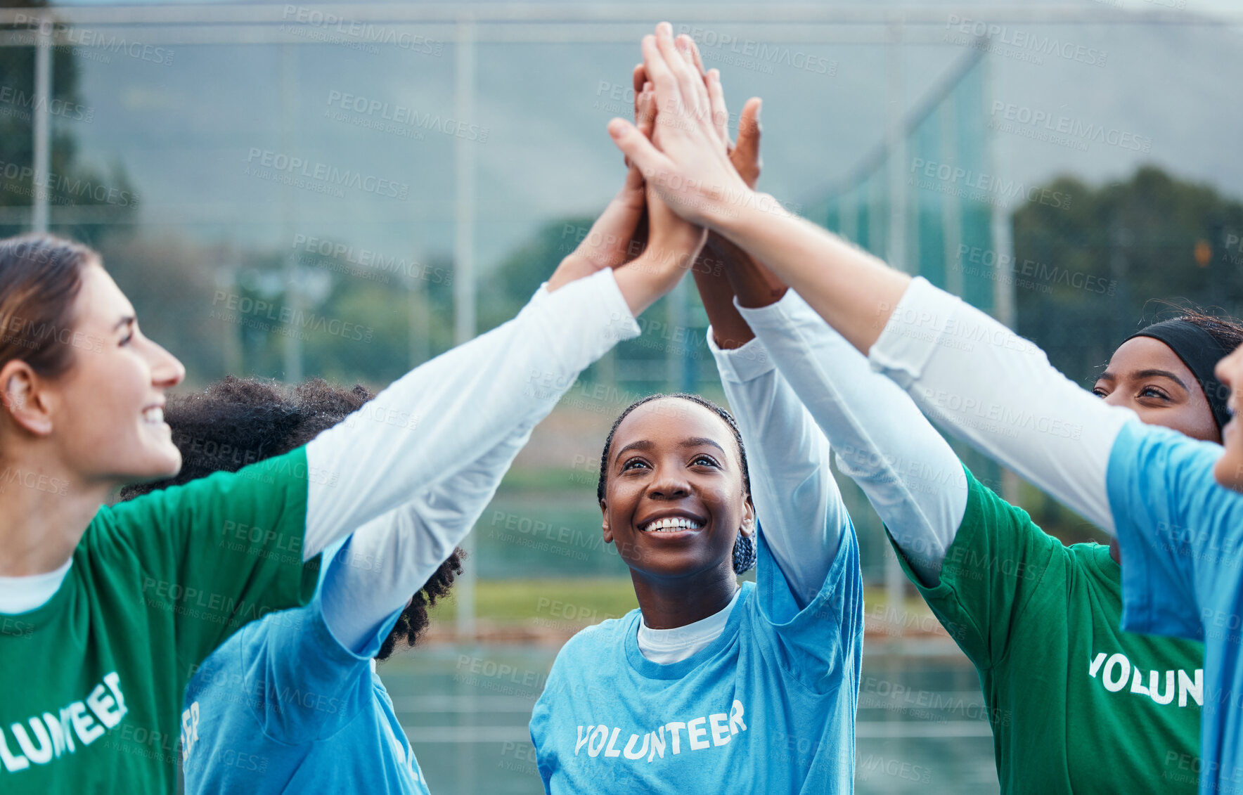 Buy stock photo High five, community and team of volunteers with success, motivation and problem solving with solution together. Teamwork, charity and group of women winning at equality in unity and solidarity