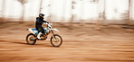 Motorcycle, speed and motion blur with a sports man on space in the forest for dirt biking. Bike, fitness and power with a person driving fast on an off road course for freedom or performance