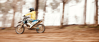 Buy stock photo Motorcycle, fast and motion blur with a sports man on space in the forest for dirt biking. Bike, fitness and power with a person driving at speed on an off road course for freedom or performance