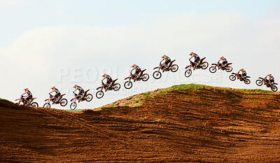 Buy stock photo Motorcycle, sky and double exposure with a sports person on a ramp to jump during a race on an off road course. Bike, training and energy with an athlete on sand or dirt for speed, power or freedom