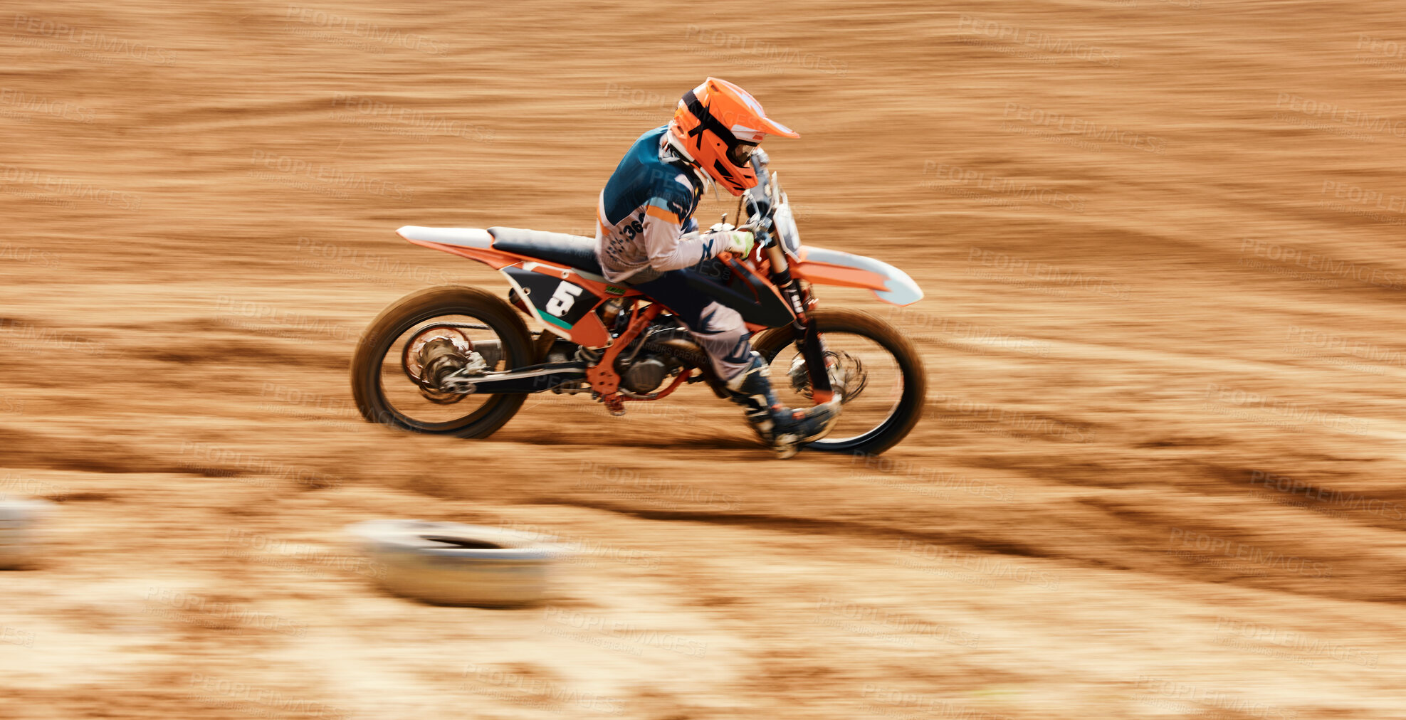 Buy stock photo Motorcycle, driving and motion blur with a man on space in the desert for dirt biking. Bike, fitness and power with a fast person on an off road course for sports, freedom or performance challenge