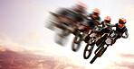 Motorcycle, double exposure and motion blur with a sports person in the air during a jump at a race course. Bike, training and energy with an athlete on a cloudy sky for speed, power or freedom