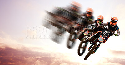 Motorcycle, double exposure and motion blur with a sports person in the air during a jump at a race course. Bike, training and energy with an athlete on a cloudy sky for speed, power or freedom