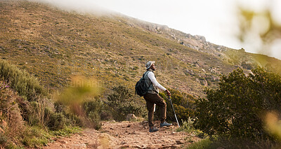 Buy stock photo Hiking, thinking or black man on mountain in nature for trekking journey or adventure for freedom. Stick, holiday vacation or African hiker on walking break in park for exercise, fitness or wellness