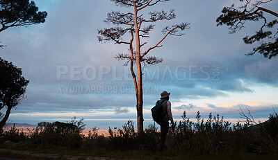 Buy stock photo Hiking, man and walking in forest for wellness, exercise or training in nature at sunset with peace. Fitness, person and workout in woods for adventure, relax and trekking outdoor with trees and zen