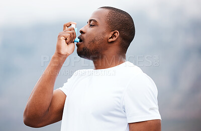 Buy stock photo Black man with asthma, inhaler and health, fitness and run outdoor with medicine and lungs. Sick, healthcare and wellness with athlete training, pump and breathe for sports with medical product