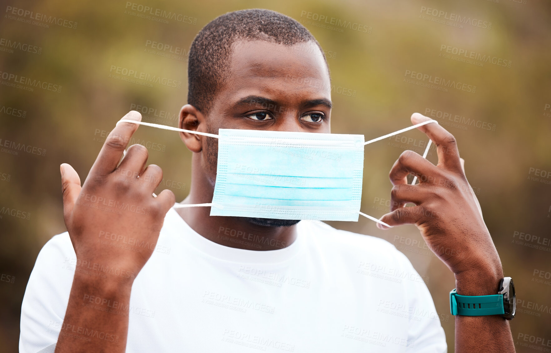 Buy stock photo Black man runner, mask and exercise outdoor on road for health, wellness or safety from covid 19 infection. Guy, medical ppe and cloth for virus, bacteria or freedom on countryside street in nature