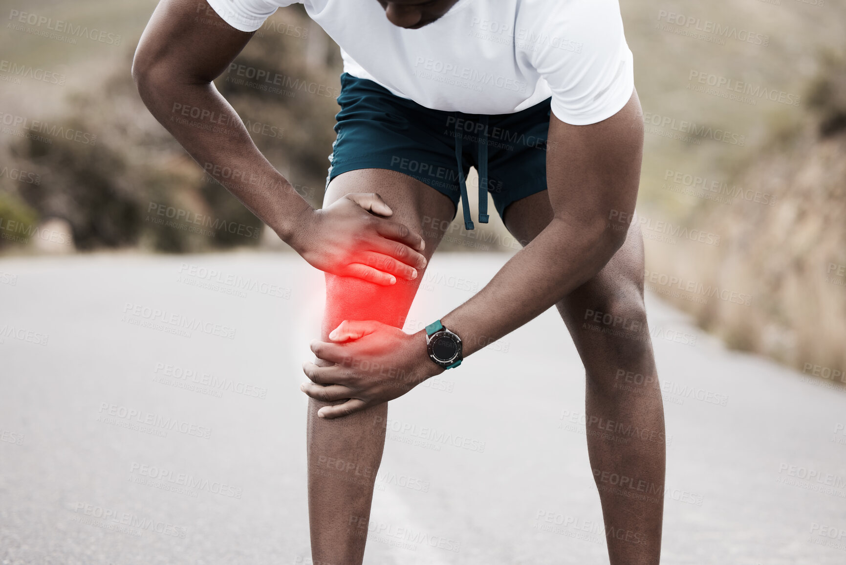 Buy stock photo Runner man, knee pain and injury in street, red glow overlay and emergency with training, fitness and health. Guy, outdoor and accident with arthritis, osteoporosis or fibromyalgia in workout on road