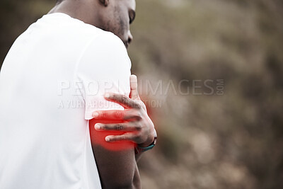 Buy stock photo Arm, joint pain and man with fitness injury, health and wellness with red overlay, medical emergency and inflammation. Mockup space, training outdoor and muscle tension with glow and fibromyalgia