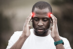 Man, stress headache and outdoor for fitness, injury and exercise with training, thinking and ideas in nature. African runner guy, hands and head with red glow overlay for workout, migraine and pain