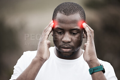 Buy stock photo Man, stress headache and outdoor for fitness, injury and exercise with training, thinking and ideas in nature. African runner guy, hands and head with red glow overlay for workout, migraine and pain