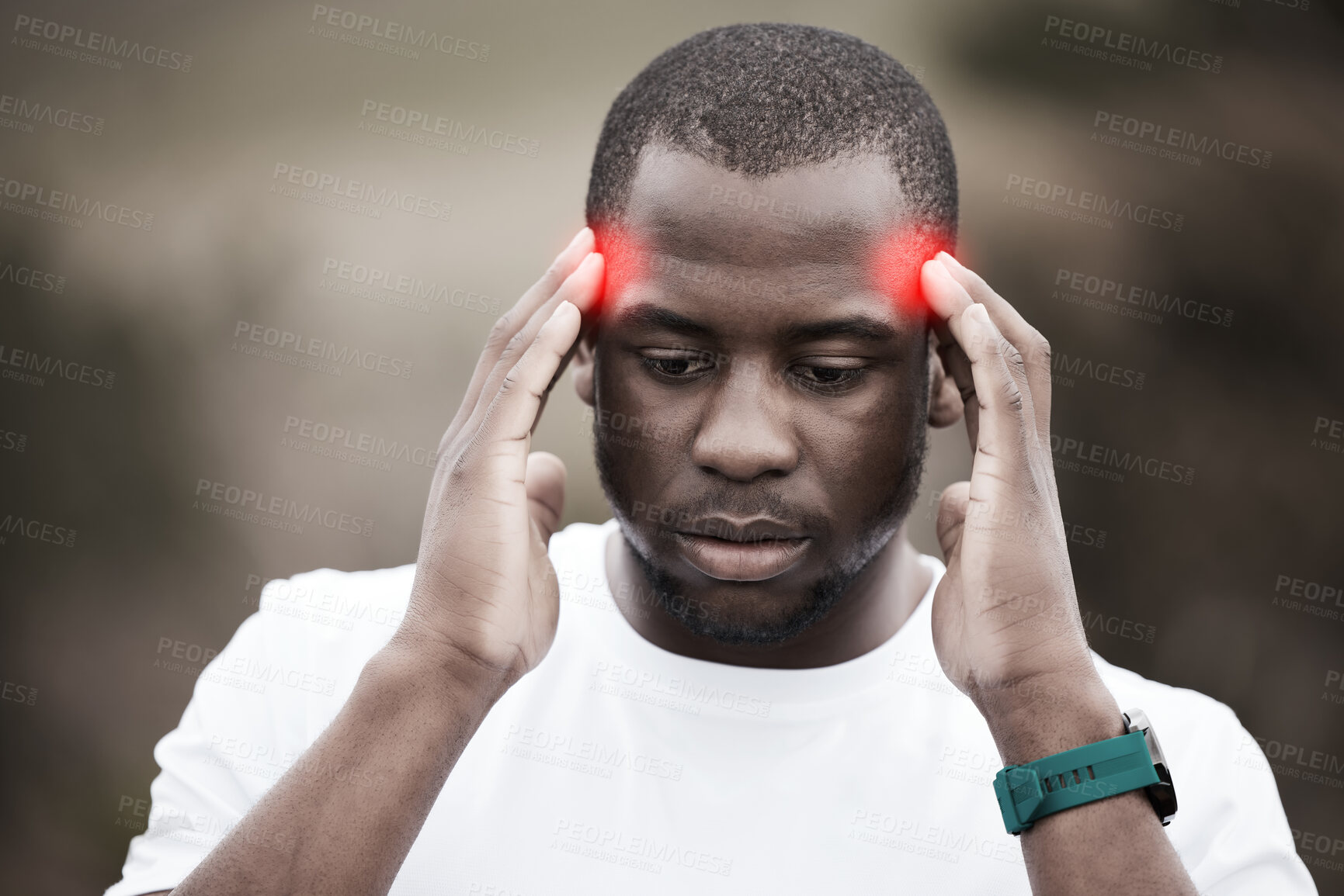 Buy stock photo Man, stress headache and outdoor for fitness, injury and exercise with training, thinking and ideas in nature. African runner guy, hands and head with red glow overlay for workout, migraine and pain