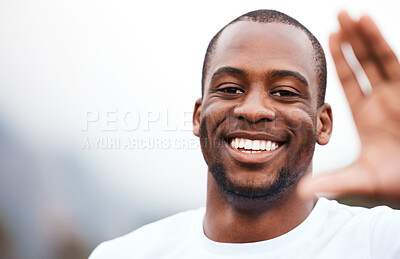 Buy stock photo Fitness, selfie portrait or happy runner running in nature for exercise, training or outdoor workout. Face, African person or healthy black man athlete on social media with freedom, smile or wellness