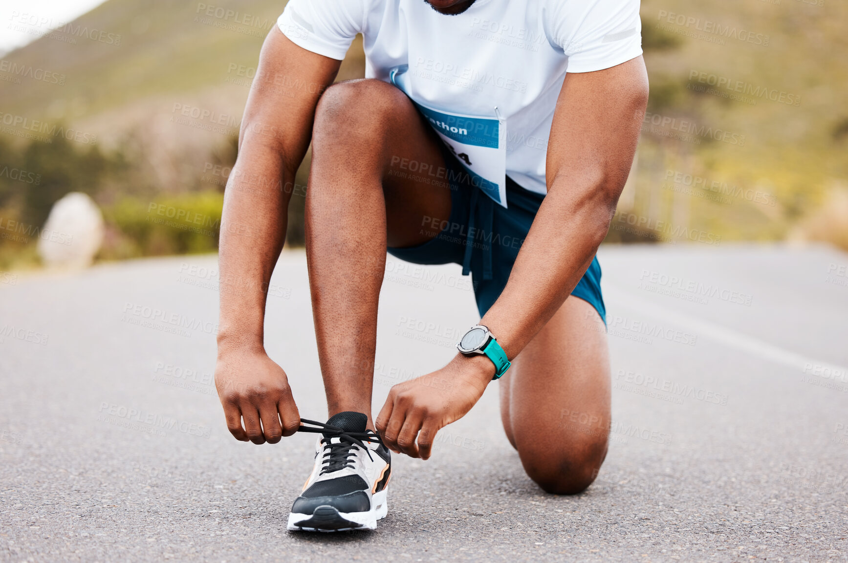 Buy stock photo Road, fitness and hands of man with shoes tie for running, training or race preparation outdoor zoom. Legs, runner and sneakers check by male athlete in street for exercise, competition or workout