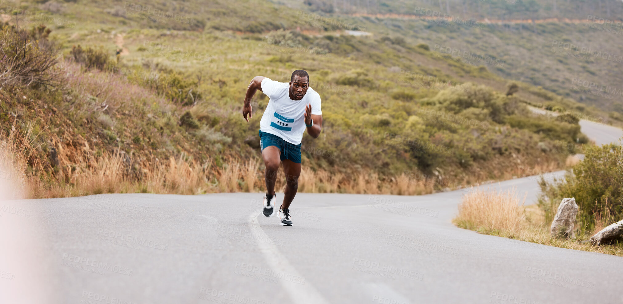 Buy stock photo Outdoor, running and black man with fitness, cardio and training with wellness, fresh air and challenge. African person, runner and athlete with workout, exercise and endurance with health and energy