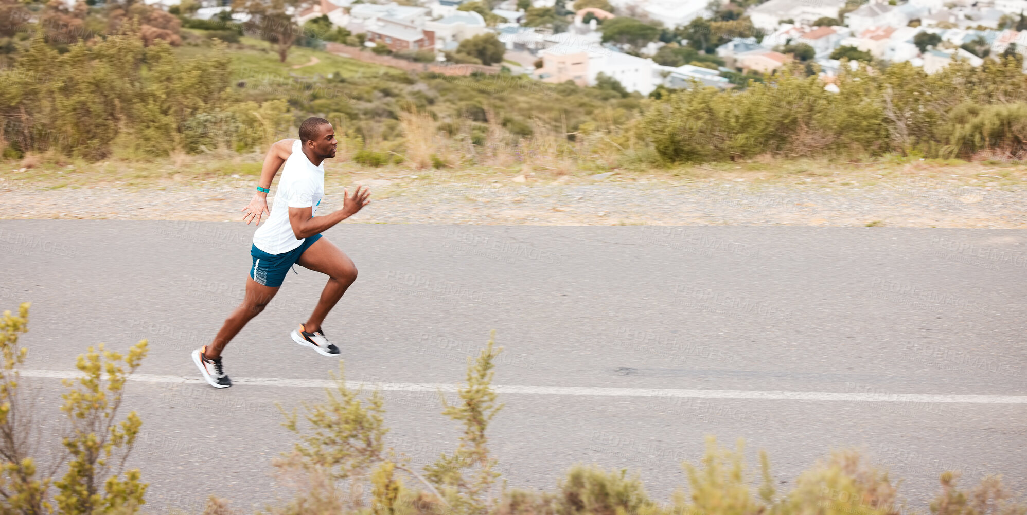 Buy stock photo Morning, road and a black man running for fitness, exercise and training for a marathon. Sports, health and an African runner or fast person in the street for a workout, cardio or athlete commitment