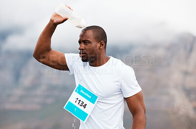 Marathon, pour water or tired runner running on road for exercise, fitness training or outdoor workout. Sports race, black man or exhausted athlete on street with endurance or fatigue in challenge