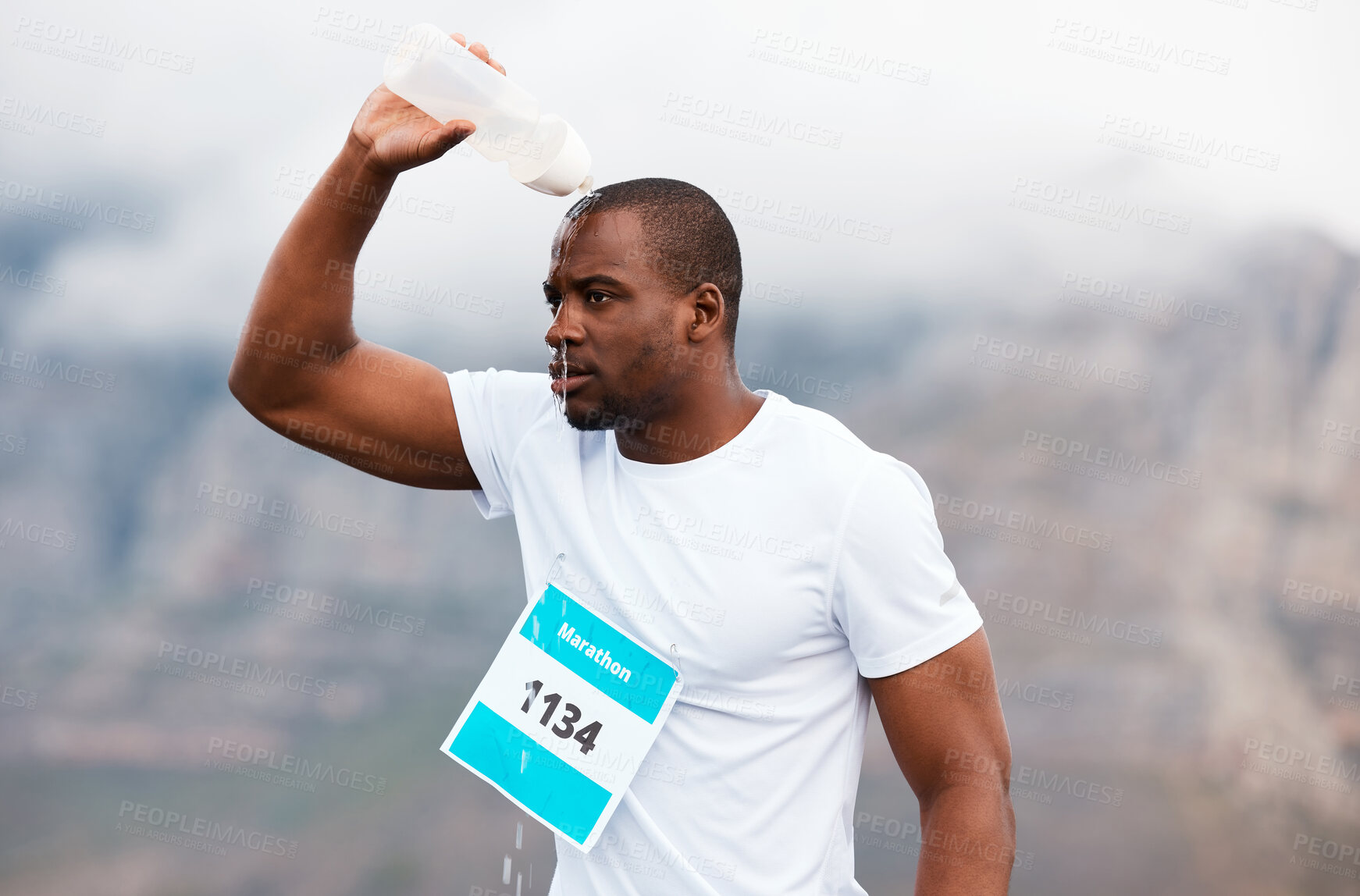 Buy stock photo Marathon, pour water or tired runner running on road for exercise, fitness training or outdoor workout. Sports race, black man or exhausted athlete on street with endurance or fatigue in challenge