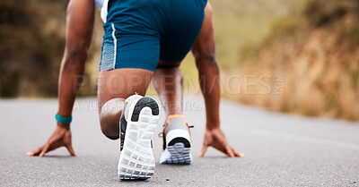 Fitness, start or runner running on a road by nature for exercise, training or outdoor workout. Sports race, fast black man or closeup of active athlete on street with endurance, freedom or challenge