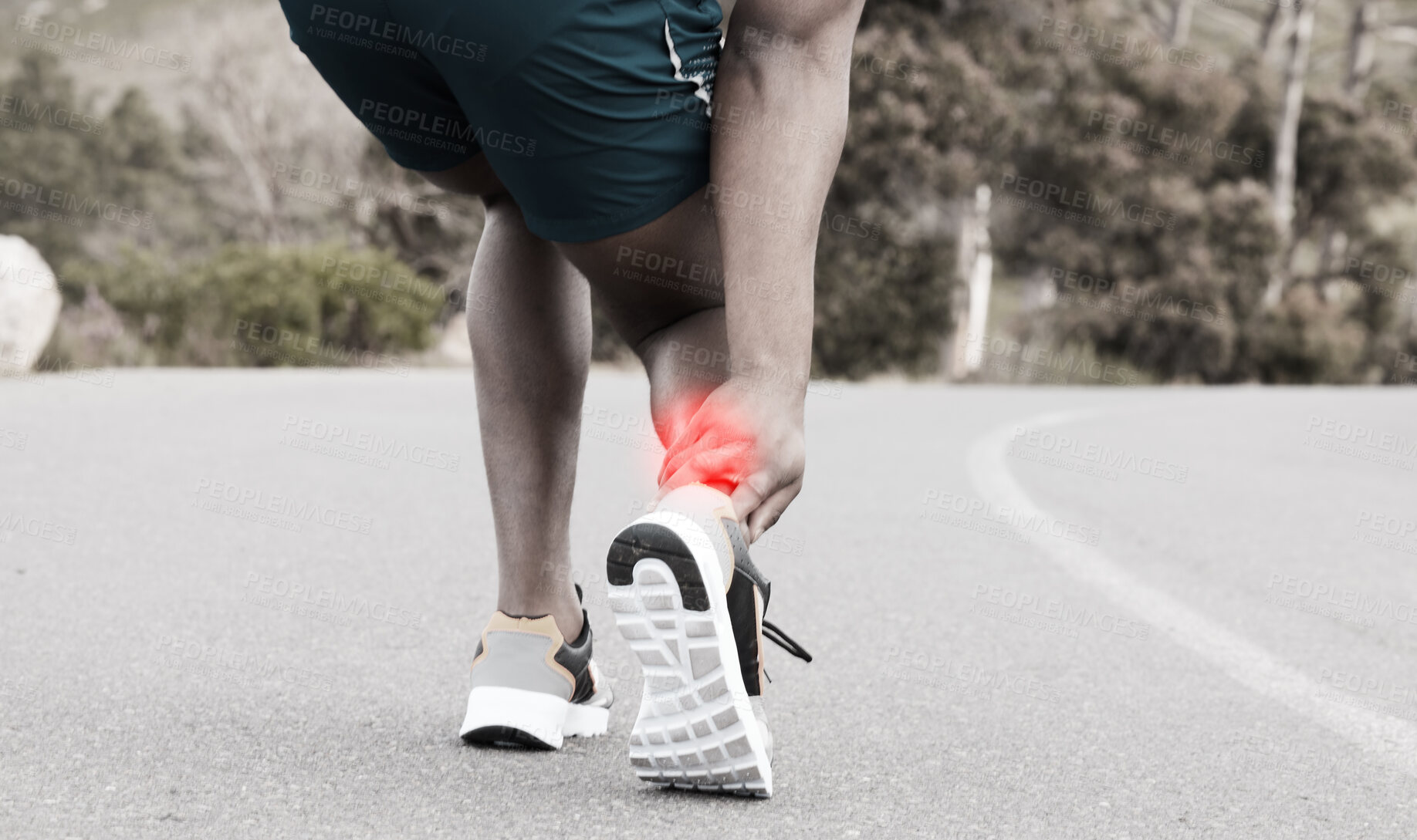 Buy stock photo Fitness, injury or runner with ankle pain on road to exercise legs in training or outdoor cardio workout. Red glow, emergency or injured sports athlete suffering from broken foot after running a race