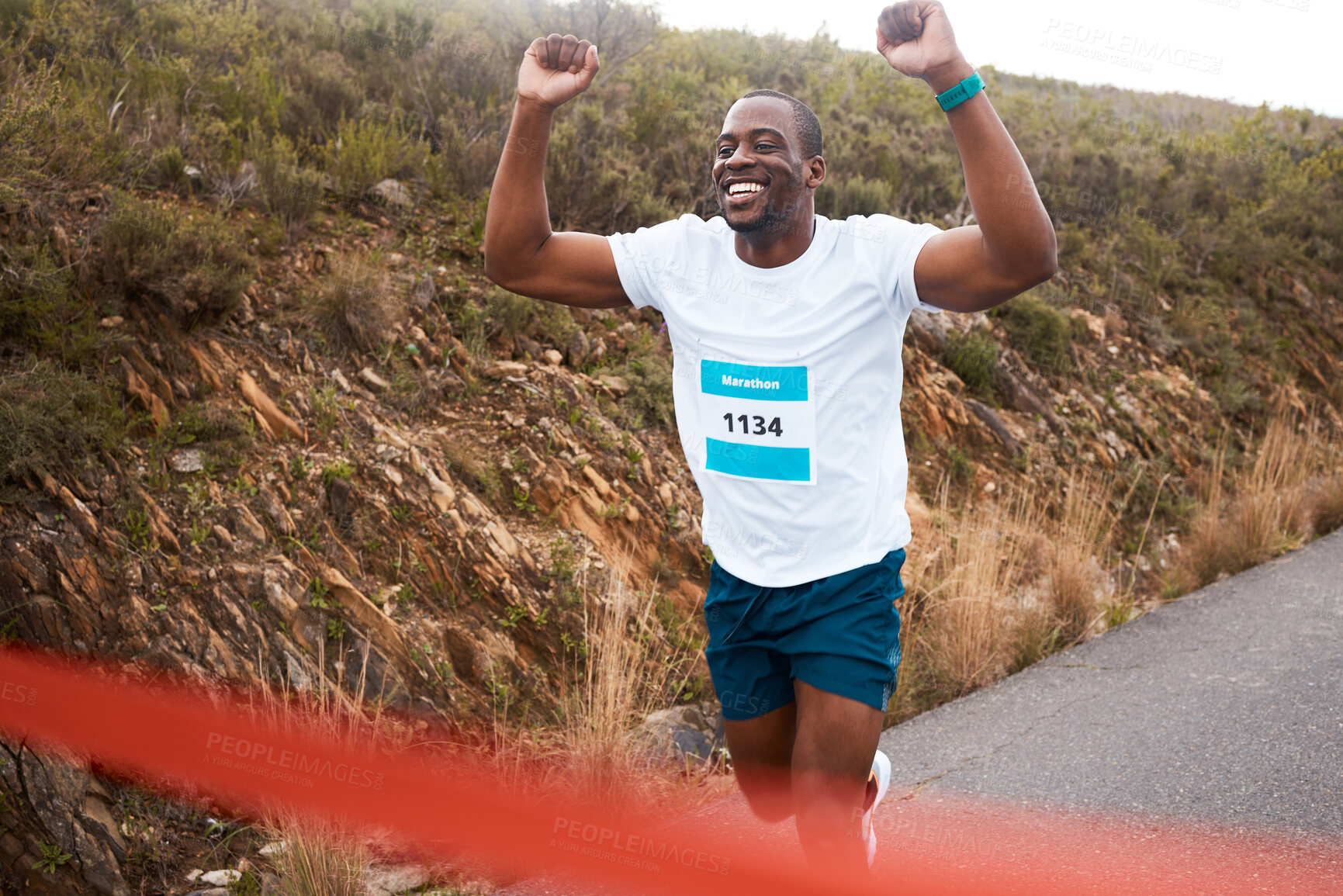 Buy stock photo Black man, winner of race and fitness with cheers, athlete and sports with running in street and competition. Marathon, winning and celebration with African runner, happy champion and success outdoor