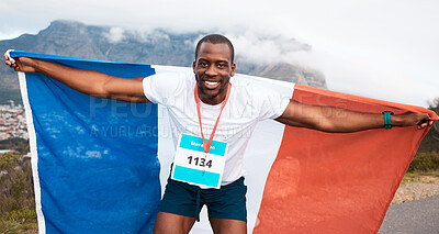Runner man, flag and winner in portrait, pride and celebration for marathon, fitness and sports in street. Black guy, athlete and fabric for national sign, success or achievement at race in Cape Town