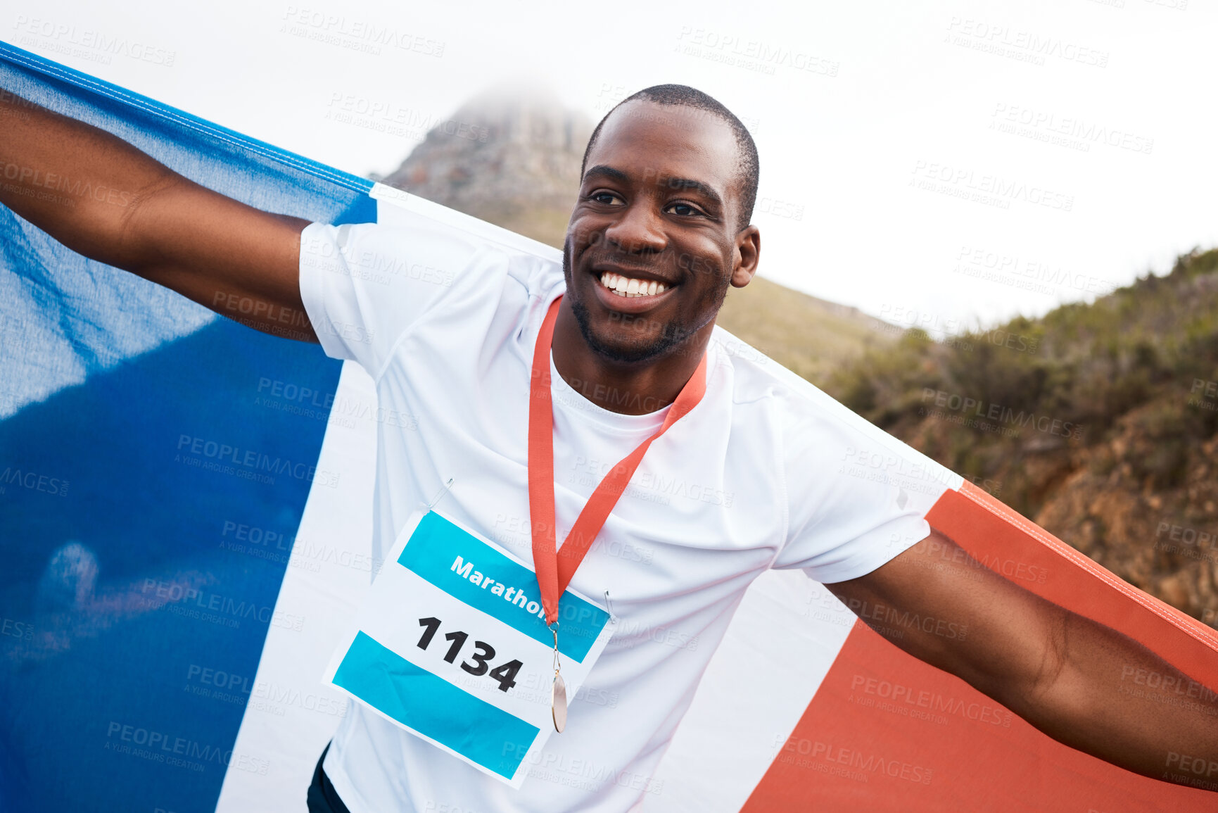 Buy stock photo Winner, flag or happy black man, runner and marathon victory of challenge, sports competition or cardio event. Success, country patriot or France athlete running with pride, gold medal or prize award