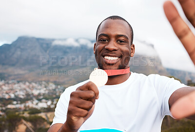 Runner man, medal and selfie for portrait at marathon, competition or celebration with smile in Cape Town. African winner guy, champion and memory for goal, contest or profile picture on social media