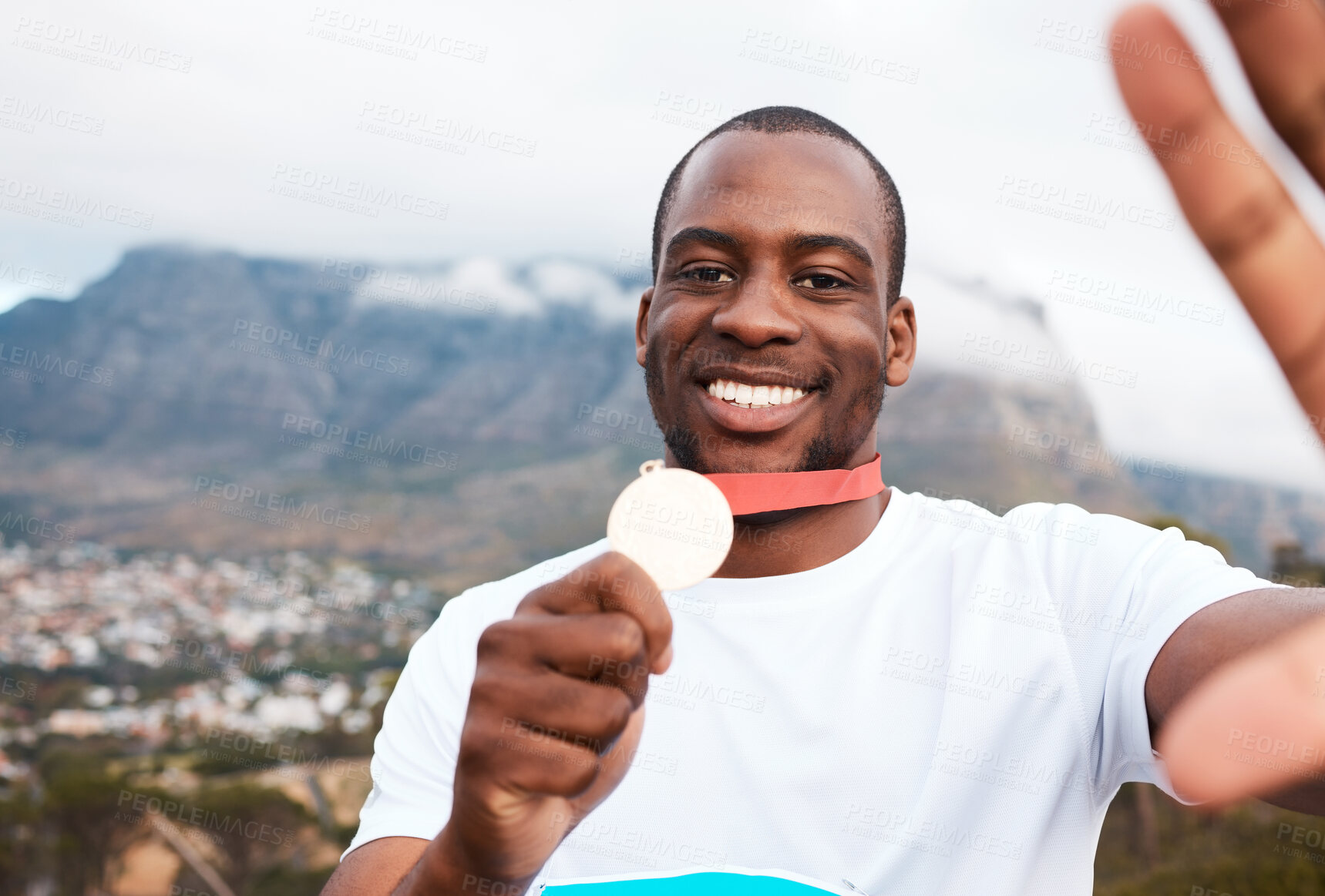 Buy stock photo Runner man, medal and selfie for portrait at marathon, competition or celebration with smile in Cape Town. African winner guy, champion and memory for goal, contest or profile picture on social media