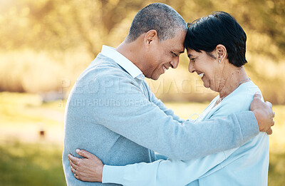 Buy stock photo Mature couple, hug and love in garden for happy date, holiday and relax together in retirement. Man, woman and embrace with smile in park, nature and support of freedom, trust and loyalty to partner 