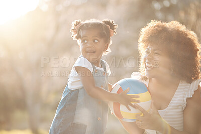 Buy stock photo Love, mother and girl with ball in a park for playing, bond and child development in nature. Toy, smile and kid with funny mom in a forest for fun, freedom and vacation, learning or weekend outdoor