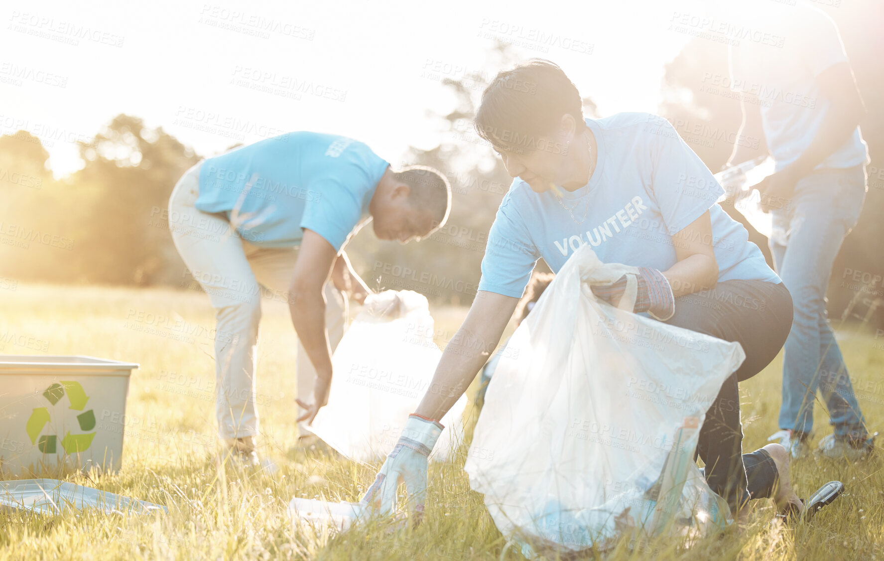 Buy stock photo Nature recycling, community service volunteer and woman cleaning garbage, grass field trash or plastic pollution. Earth Day cooperation, eco project and charity team help with product clean up