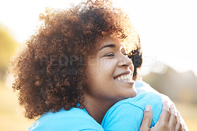 Buy stock photo Nature volunteer, face and happy woman hug, well done and NGO team smile for community service. Sustainable environment care, nonprofit society and eco friendly team hugging for Earth Day celebration