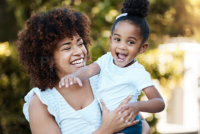 Buy stock photo Happy, love and mother with child in nature at an outdoor park playing, bonding and having fun. Smile, excited and young mom carrying her girl kid or toddler walking in a green garden in Mexico.