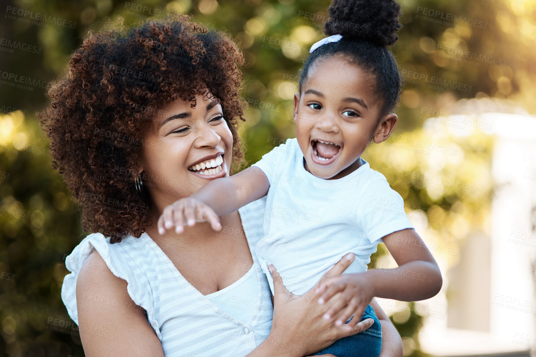 Buy stock photo Happy, love and mother with child in nature at an outdoor park playing, bonding and having fun. Smile, excited and young mom carrying her girl kid or toddler walking in a green garden in Mexico.