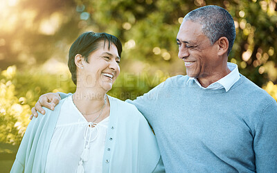 Buy stock photo Love, smile and senior couple in park laughing for comic, comedy or funny joke in conversation. Happy, nature and elderly man and woman in retirement talking, bonding and having fun together in field