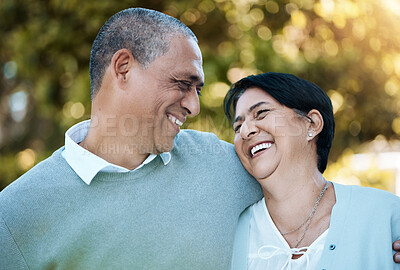 Buy stock photo Love, happy and senior couple in park laughing for comic, comedy or funny joke in conversation. Smile, nature and elderly man and woman in retirement talking, bonding and having fun together in field