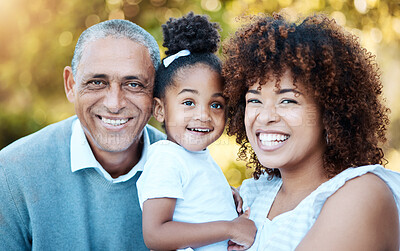 Buy stock photo Grandfather, mother and portrait of child in park together for bonding, relationship and fun. Happy family, love and mom, senior grandpa and girl outdoors relax on holiday, weekend and vacation