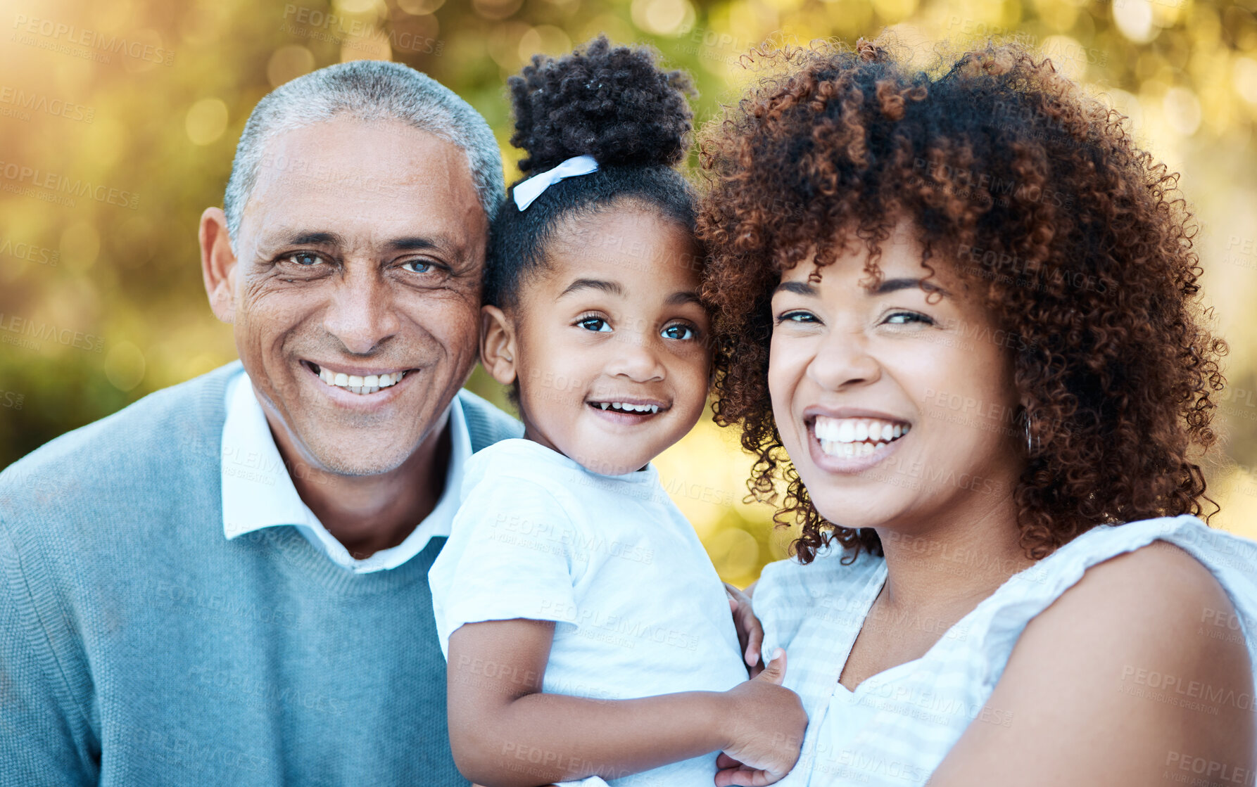 Buy stock photo Grandfather, mother and portrait of child in park together for bonding, relationship and fun. Happy family, love and mom, senior grandpa and girl outdoors relax on holiday, weekend and vacation