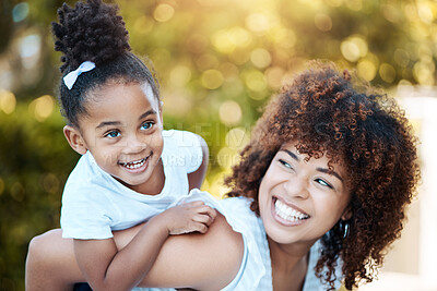 Buy stock photo Happy, piggyback and mother with child in nature at an outdoor park playing, bonding and having fun. Smile, love and young mom carrying her girl kid or toddler walking in a green garden in Mexico.