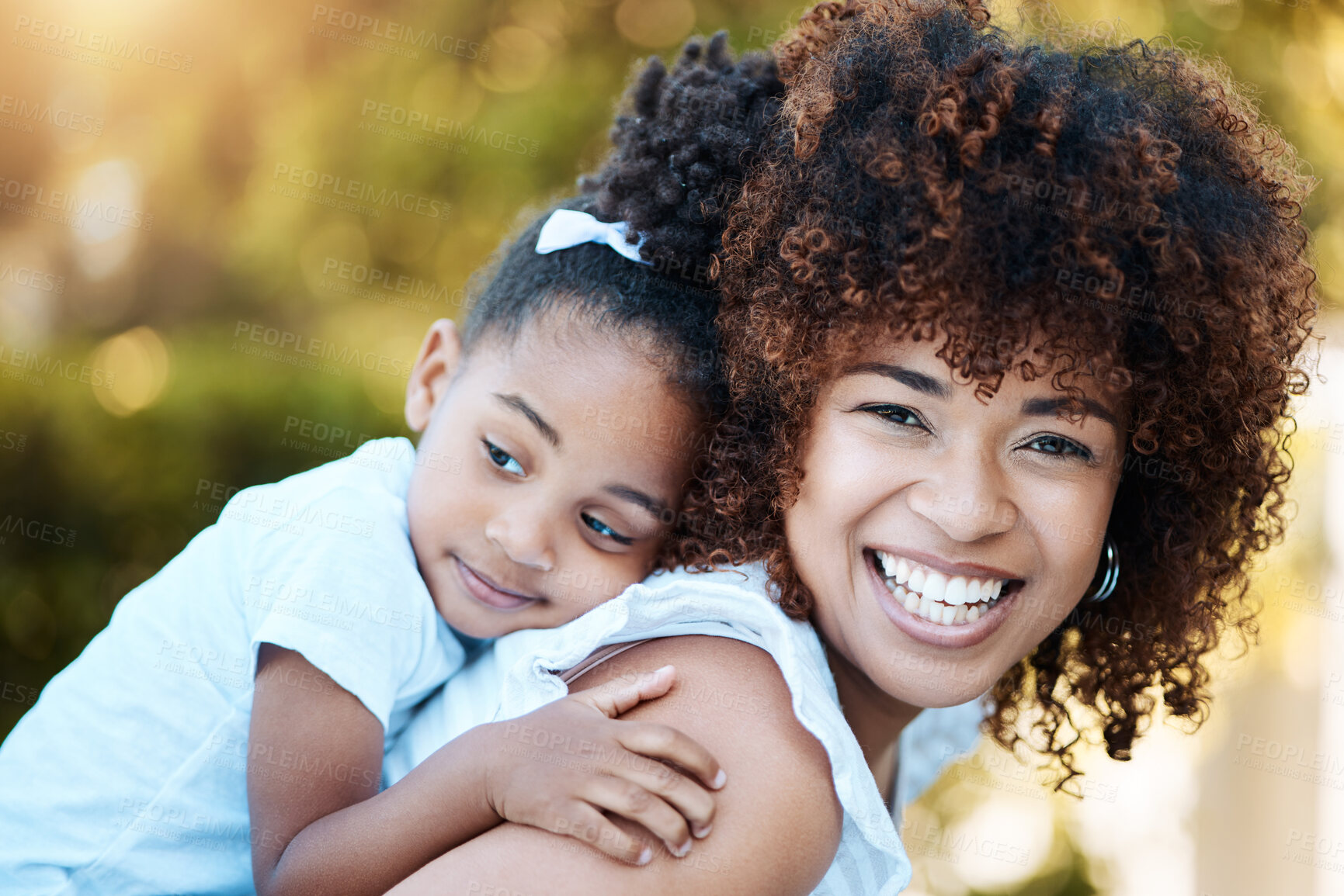 Buy stock photo Portrait, happy mother and piggyback child in park, bonding and having fun together. Face, mom smile and carrying kid in nature, care and support in healthy relationship, connection and love outdoor