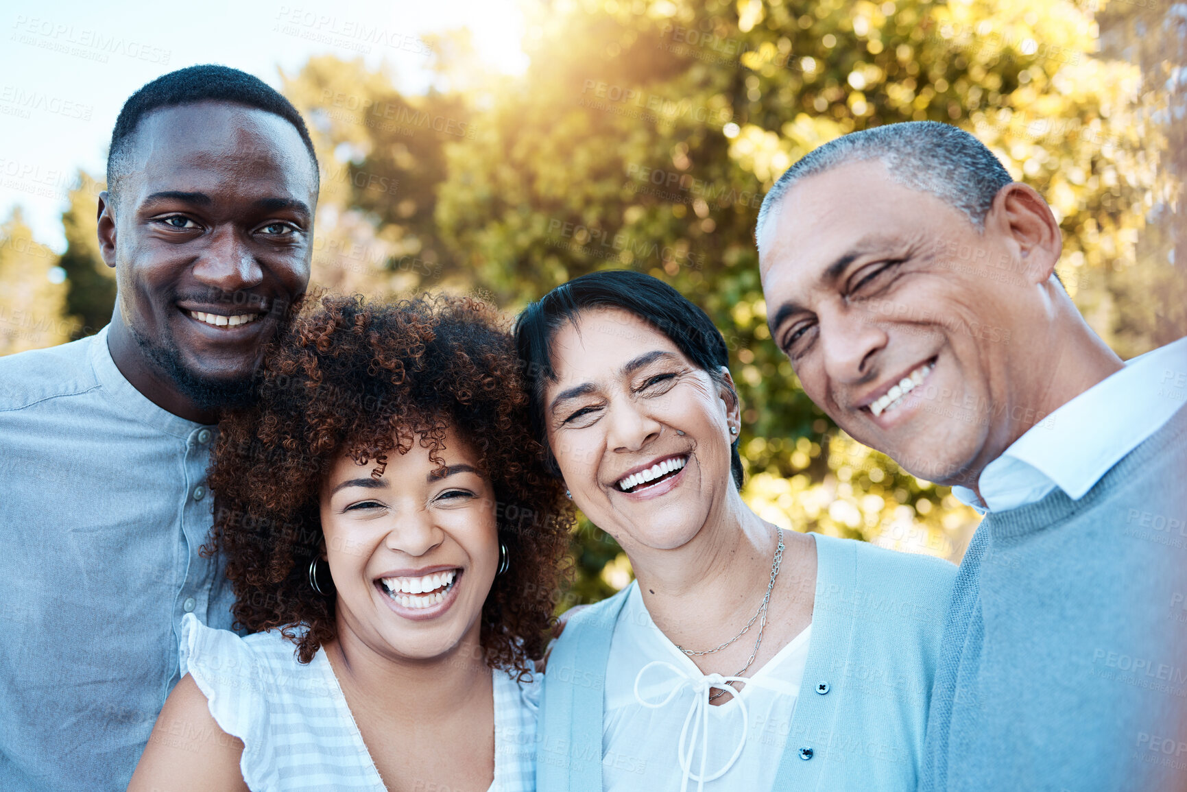 Buy stock photo Selfie, portrait and people with senior parents in an outdoor park for adventure, holiday or weekend trip. Happy, smile and young man and woman taking picture with elderly mom and dad from Mexico.