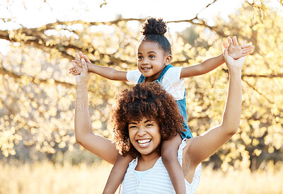 Buy stock photo Airplane, portrait and mother with girl child in a park happy, freedom and adventure in nature together. Flying, piggyback and kid with mom in a forest for games, travel or explore with care and love