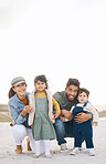 Happy family, portrait and children with parents on beach, vacation or travel to Rio de Janeiro with happiness or freedom. Face, smile and young kids with mom and dad in summer, holiday or mockup