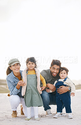 Buy stock photo Happy family, portrait and children with parents on beach, vacation or travel to Rio de Janeiro with happiness or freedom. Face, smile and young kids with mom and dad in summer, holiday or mockup