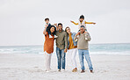 Big family, portrait and happy vacation on beach with children, parents and grandparents together with peace and freedom. Rio de janeiro, holiday and people with love, support and happiness in nature
